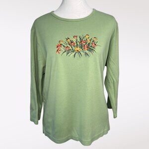 Classic Elements Green Embroidered Beaded Floral 3/4 Sleeve Top Size Large